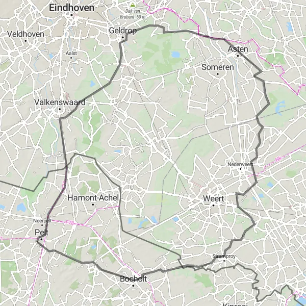 Karten-Miniaturansicht der Radinspiration "Rundfahrt von Overpelt nach Overpelt über Pelt und Ospel" in Prov. Limburg (BE), Belgium. Erstellt vom Tarmacs.app-Routenplaner für Radtouren