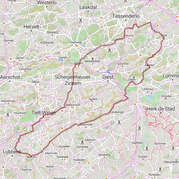 Miniatuurkaart van de fietsinspiratie "Gravelrit langs landelijke schoonheid" in Prov. Limburg (BE), Belgium. Gemaakt door de Tarmacs.app fietsrouteplanner