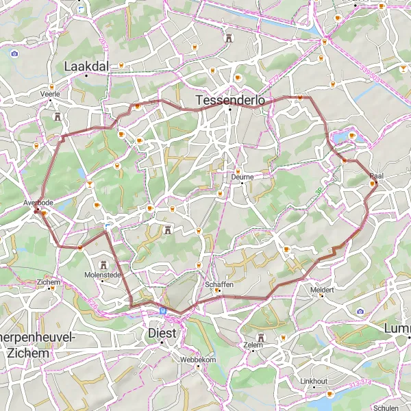 Map miniature of "Gravel Delight in Diest and Tessenderlo" cycling inspiration in Prov. Limburg (BE), Belgium. Generated by Tarmacs.app cycling route planner