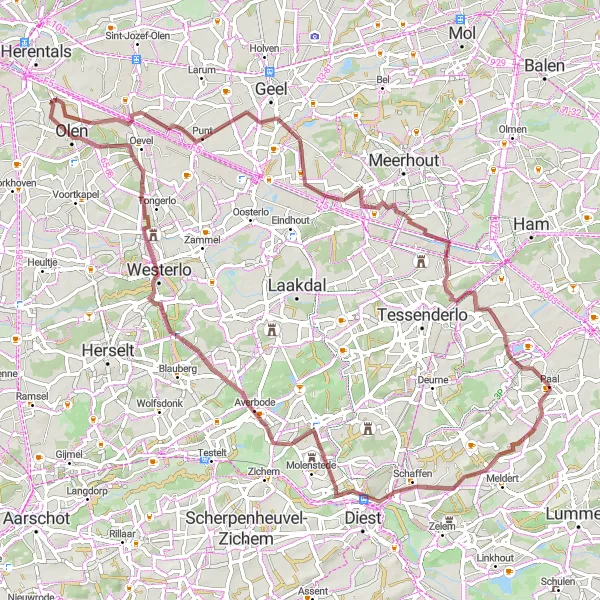 Map miniature of "Ultimate Gravel Adventure across Westerlo and Olen" cycling inspiration in Prov. Limburg (BE), Belgium. Generated by Tarmacs.app cycling route planner