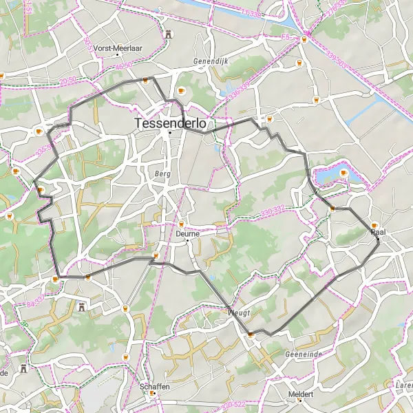 Map miniature of "Short Tour of Venusberg and Tessenderlo" cycling inspiration in Prov. Limburg (BE), Belgium. Generated by Tarmacs.app cycling route planner