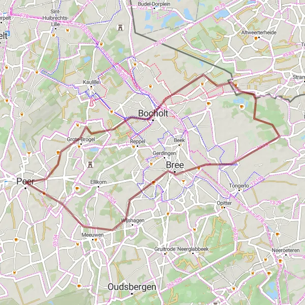 Miniatuurkaart van de fietsinspiratie "Grindpaden rond Peer" in Prov. Limburg (BE), Belgium. Gemaakt door de Tarmacs.app fietsrouteplanner