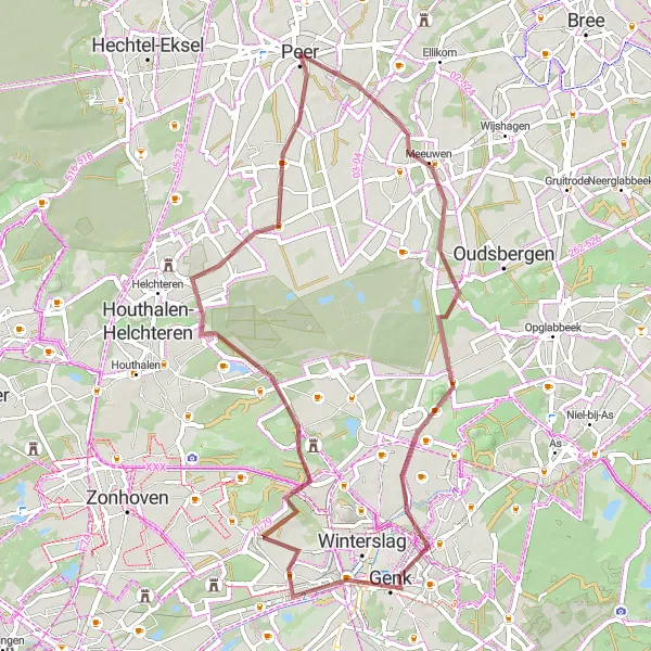 Miniatuurkaart van de fietsinspiratie "Gravelfietsroute door Genk en Peer" in Prov. Limburg (BE), Belgium. Gemaakt door de Tarmacs.app fietsrouteplanner