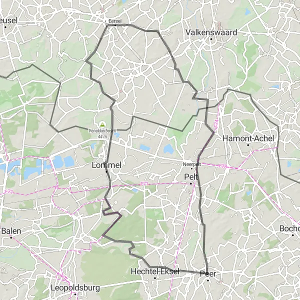 Map miniature of "Hechtel-Eksel to Westerhoven Road Circuit" cycling inspiration in Prov. Limburg (BE), Belgium. Generated by Tarmacs.app cycling route planner