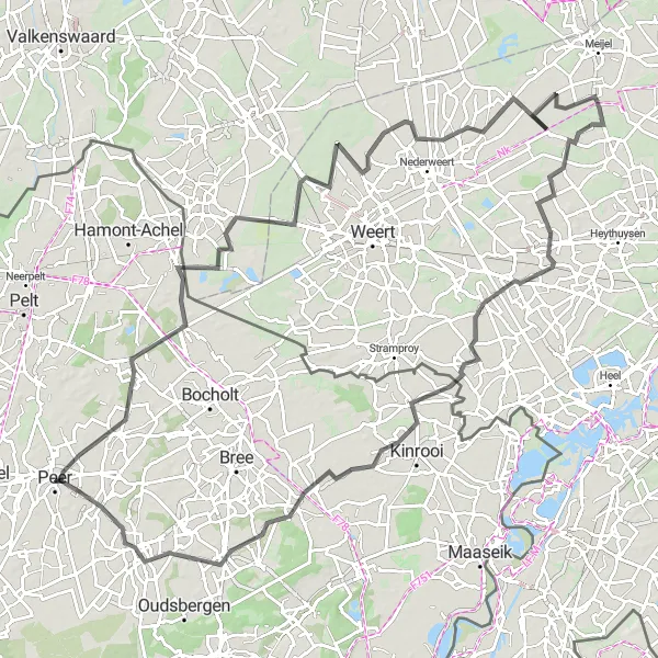 Map miniature of "Peer to Gruitrode Loop" cycling inspiration in Prov. Limburg (BE), Belgium. Generated by Tarmacs.app cycling route planner