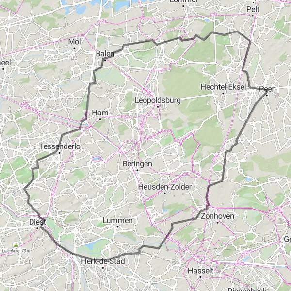 Miniatuurkaart van de fietsinspiratie "Uitdagende tocht langs Herk-de-Stad en Tessenderlo" in Prov. Limburg (BE), Belgium. Gemaakt door de Tarmacs.app fietsrouteplanner