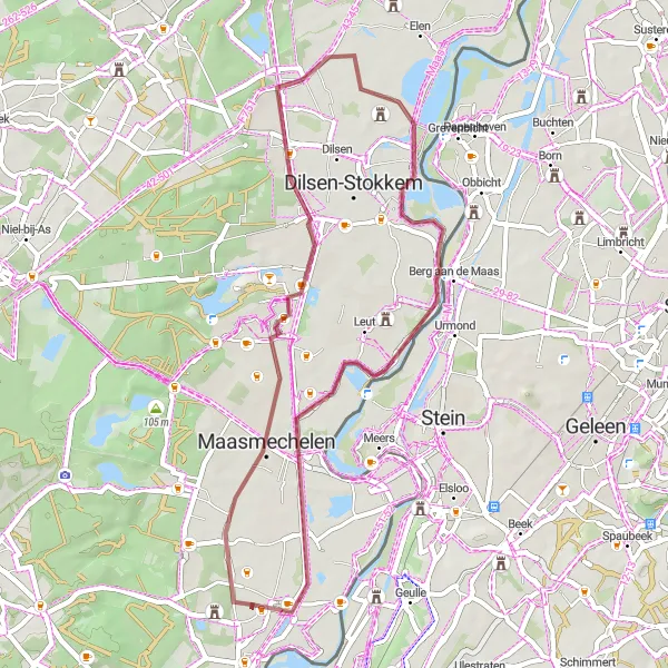 Map miniature of "Round-Trip Gravel Cycling Route: Rekem - Boorsem - Vogelkijkplatform 't Schaor - Uitkijktoren Nenenoord-Kerkeweerd - Rotem - Rekem" cycling inspiration in Prov. Limburg (BE), Belgium. Generated by Tarmacs.app cycling route planner