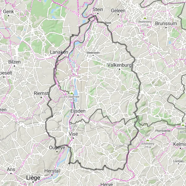 Map miniature of "Round-Trip Road Cycling Route: Rekem - Oensel - Gracht Burggraaf - Gulperberg - Sinnich - Hagelstein - Blegny - Heure-le-Romain - Mergelgrotten Zichen - Landmark 11 Kesseltse Kip - Rekem" cycling inspiration in Prov. Limburg (BE), Belgium. Generated by Tarmacs.app cycling route planner