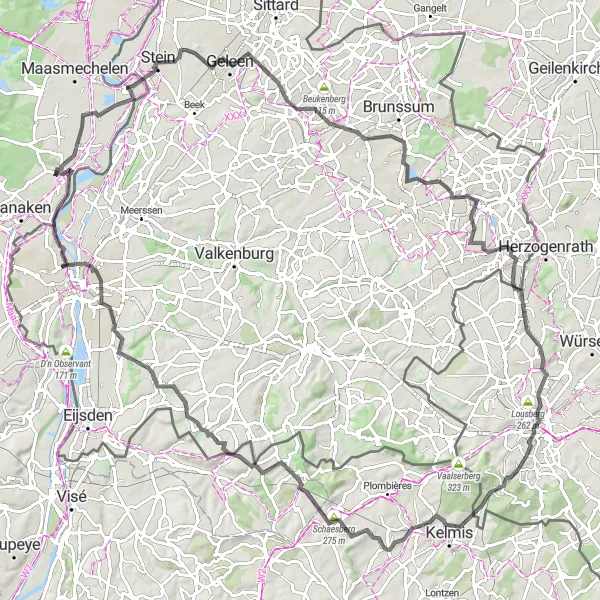 Map miniature of "Round-Trip Road Cycling Route: Rekem - Geleen - Hommert - Wilhelminaberg - Salvatorberg - Frittezang - Schaesberg - Teuven - Mheer - De Krul - Rekem" cycling inspiration in Prov. Limburg (BE), Belgium. Generated by Tarmacs.app cycling route planner