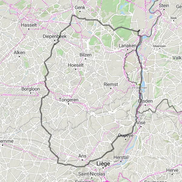 Map miniature of "Rekem and Surroundings Road Trip" cycling inspiration in Prov. Limburg (BE), Belgium. Generated by Tarmacs.app cycling route planner