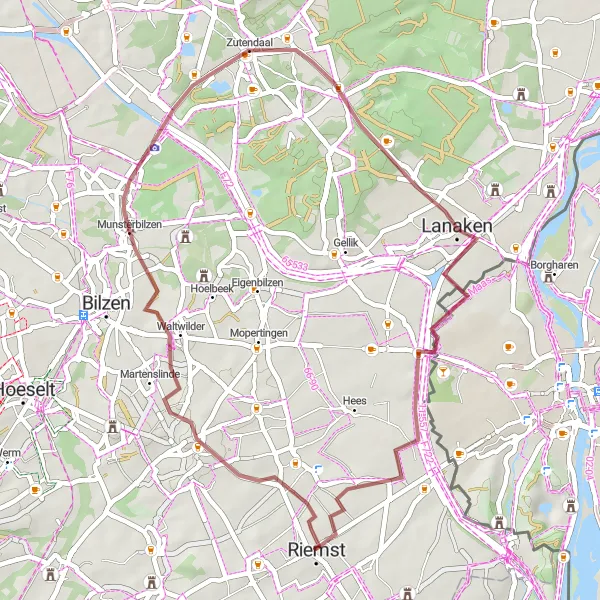 Karten-Miniaturansicht der Radinspiration "Erlebnisreiche Fahrt durch Riemst" in Prov. Limburg (BE), Belgium. Erstellt vom Tarmacs.app-Routenplaner für Radtouren