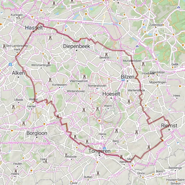 Map miniature of "Tongeren to Sieberg Gravel Challenge" cycling inspiration in Prov. Limburg (BE), Belgium. Generated by Tarmacs.app cycling route planner