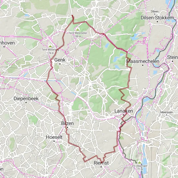 Miniatuurkaart van de fietsinspiratie "Avontuurlijke Graveltocht door Nationaal Park Hoge Kempen" in Prov. Limburg (BE), Belgium. Gemaakt door de Tarmacs.app fietsrouteplanner