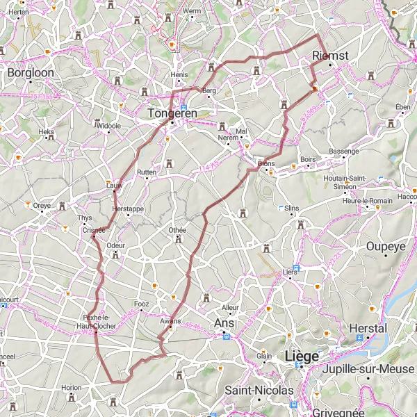 Map miniature of "Scenic Gravel Ride across Riemst" cycling inspiration in Prov. Limburg (BE), Belgium. Generated by Tarmacs.app cycling route planner