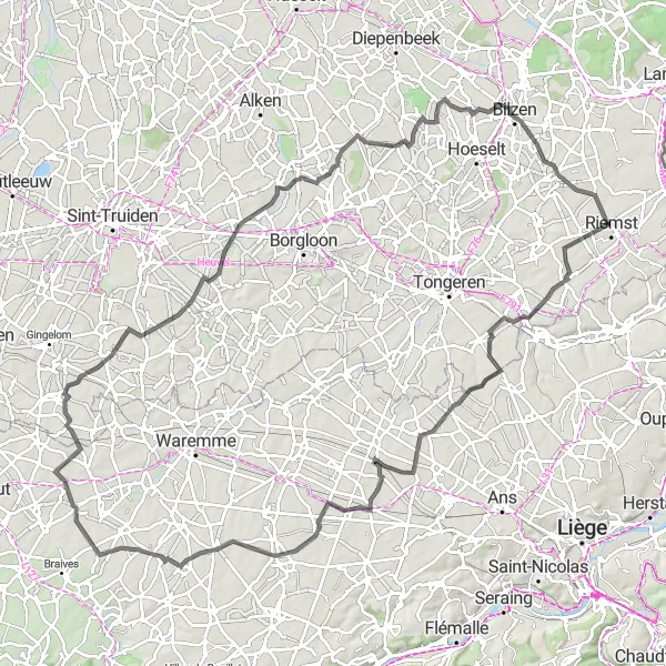 Miniatuurkaart van de fietsinspiratie "Cultuur en Natuur Route" in Prov. Limburg (BE), Belgium. Gemaakt door de Tarmacs.app fietsrouteplanner