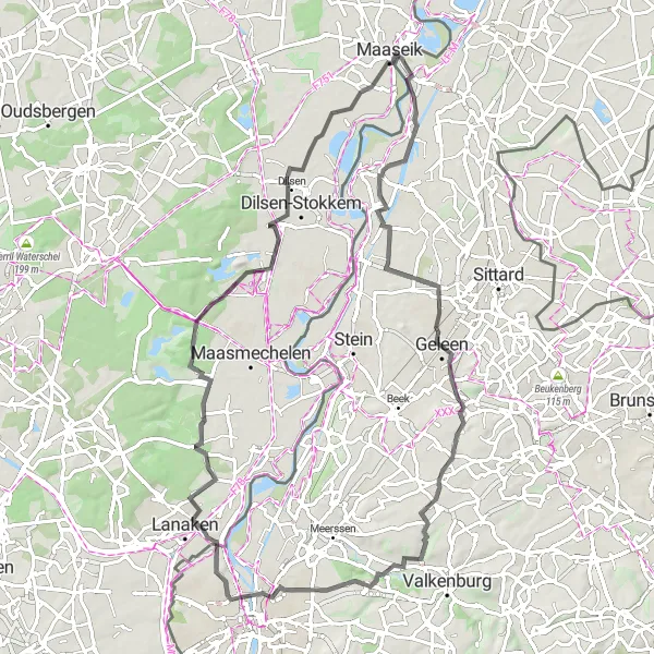 Karten-Miniaturansicht der Radinspiration "Maaseik-Maastricht-Rundfahrt" in Prov. Limburg (BE), Belgium. Erstellt vom Tarmacs.app-Routenplaner für Radtouren