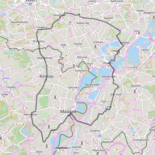 Miniature de la carte de l'inspiration cycliste "Escapade à Kinrooi" dans la Prov. Limburg (BE), Belgium. Générée par le planificateur d'itinéraire cycliste Tarmacs.app
