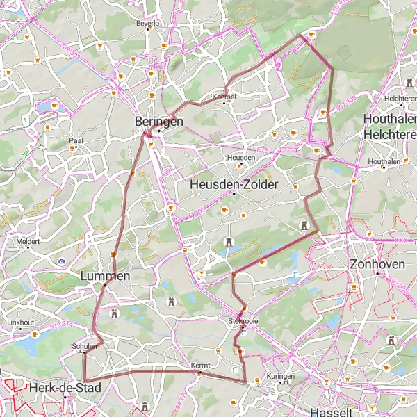 Karten-Miniaturansicht der Radinspiration "Graveltour durch Lummen und Beringen" in Prov. Limburg (BE), Belgium. Erstellt vom Tarmacs.app-Routenplaner für Radtouren