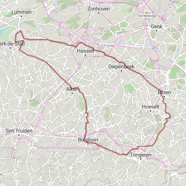 Karten-Miniaturansicht der Radinspiration "Gravelroute entlang des Albert-Kanals" in Prov. Limburg (BE), Belgium. Erstellt vom Tarmacs.app-Routenplaner für Radtouren