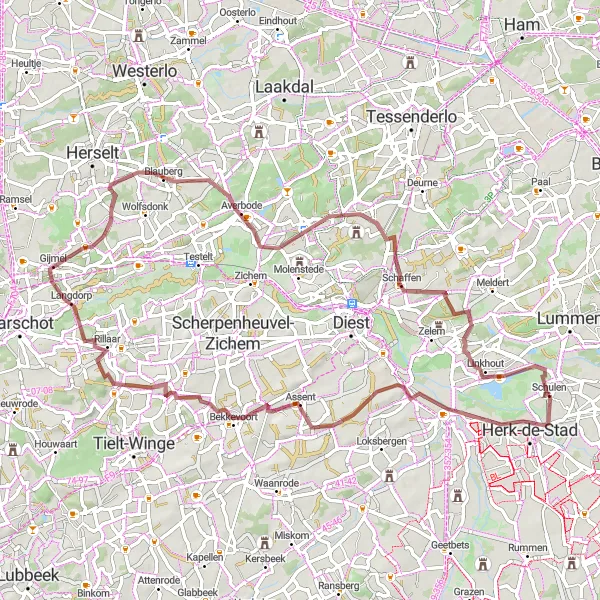 Miniatuurkaart van de fietsinspiratie "Gravelroute door Halen en Averbode" in Prov. Limburg (BE), Belgium. Gemaakt door de Tarmacs.app fietsrouteplanner