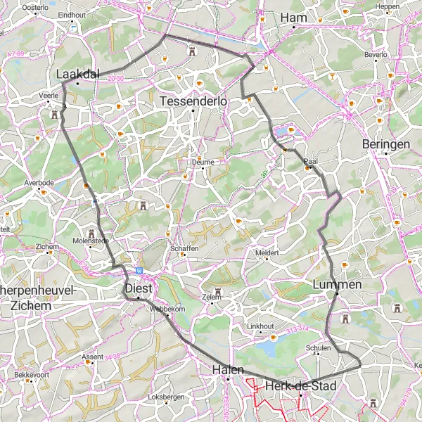 Miniature de la carte de l'inspiration cycliste "Les Châteaux et Paysages de Limbourg" dans la Prov. Limburg (BE), Belgium. Générée par le planificateur d'itinéraire cycliste Tarmacs.app