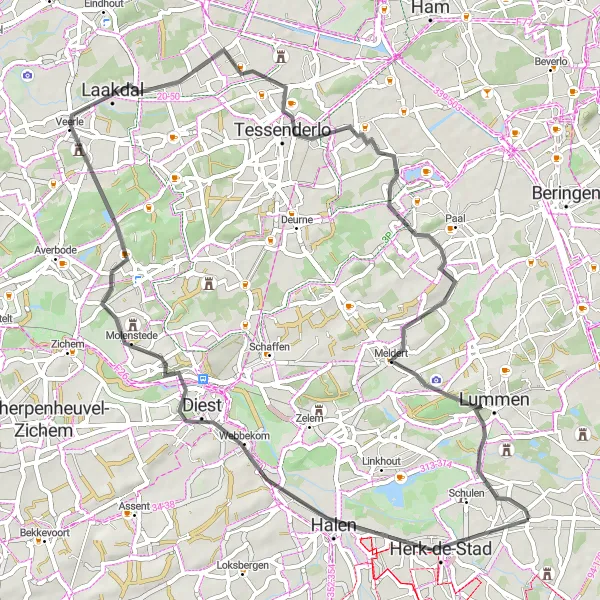 Miniature de la carte de l'inspiration cycliste "Le Tour de la Campagne Limbourgeoise" dans la Prov. Limburg (BE), Belgium. Générée par le planificateur d'itinéraire cycliste Tarmacs.app