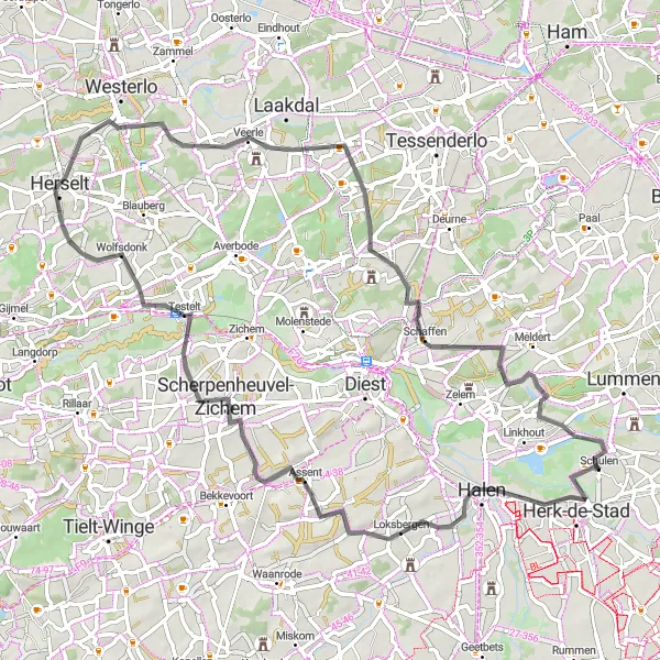 Map miniature of "Herk-de-Stad Loop" cycling inspiration in Prov. Limburg (BE), Belgium. Generated by Tarmacs.app cycling route planner