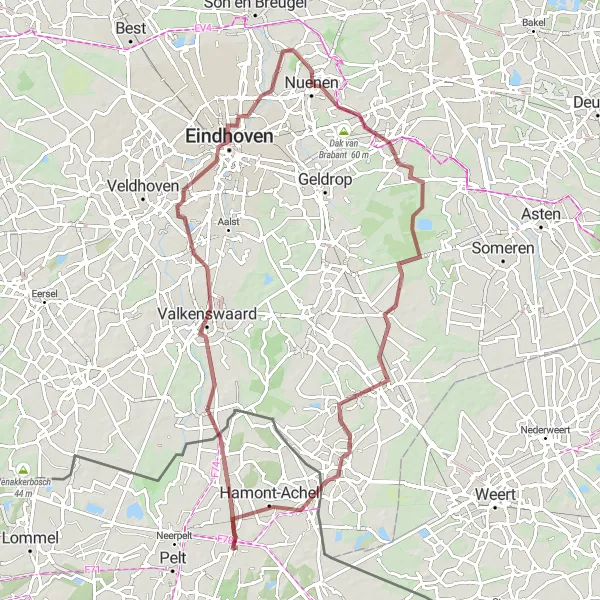Map miniature of "Valkenswaard and Eindhoven Gravel Adventure" cycling inspiration in Prov. Limburg (BE), Belgium. Generated by Tarmacs.app cycling route planner