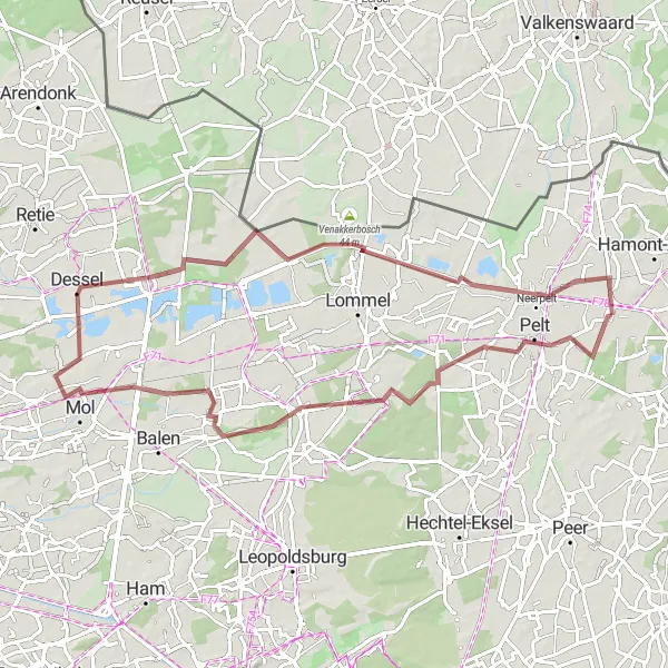 Map miniature of "The Hidden Gems of Pelt" cycling inspiration in Prov. Limburg (BE), Belgium. Generated by Tarmacs.app cycling route planner