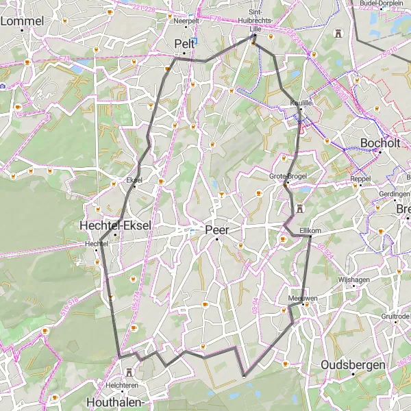 Map miniature of "Ellikom and Wauberg Road Tour" cycling inspiration in Prov. Limburg (BE), Belgium. Generated by Tarmacs.app cycling route planner