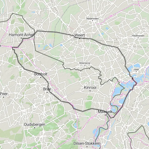 Karten-Miniaturansicht der Radinspiration "Entdeckungstour durch Maaseik und Bree" in Prov. Limburg (BE), Belgium. Erstellt vom Tarmacs.app-Routenplaner für Radtouren