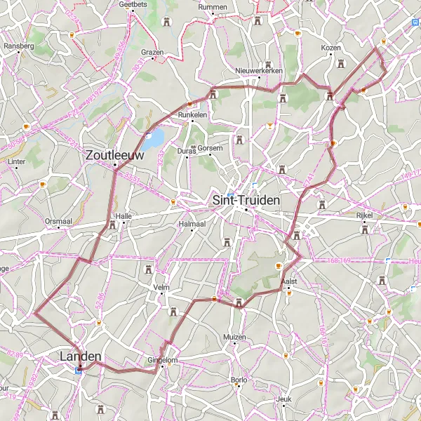 Miniature de la carte de l'inspiration cycliste "Les Trésors de Landen" dans la Prov. Limburg (BE), Belgium. Générée par le planificateur d'itinéraire cycliste Tarmacs.app