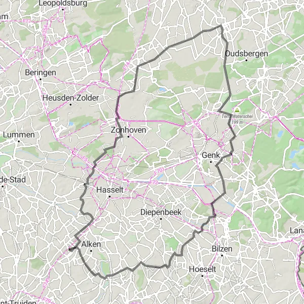 Miniature de la carte de l'inspiration cycliste "Parcours routier à travers la province de Limbourg" dans la Prov. Limburg (BE), Belgium. Générée par le planificateur d'itinéraire cycliste Tarmacs.app