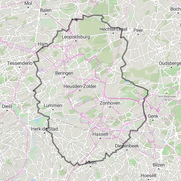 Miniature de la carte de l'inspiration cycliste "Le Circuit Historique" dans la Prov. Limburg (BE), Belgium. Générée par le planificateur d'itinéraire cycliste Tarmacs.app