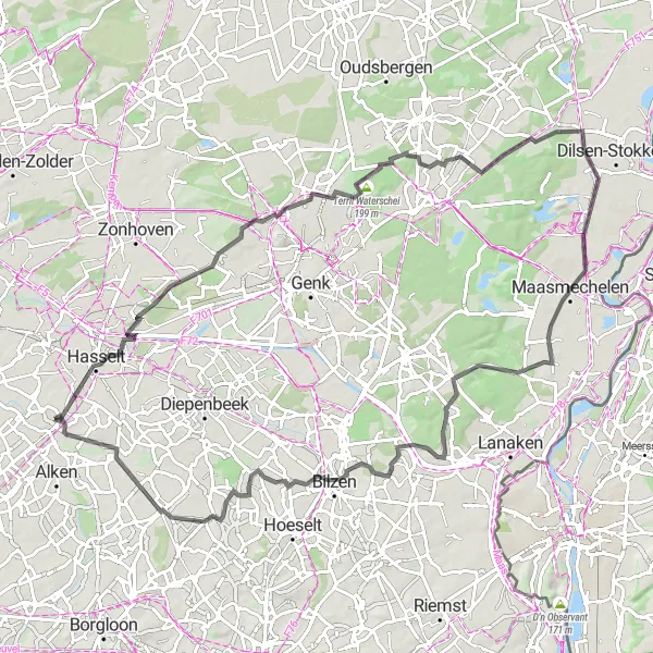 Miniature de la carte de l'inspiration cycliste "Parcours des Tours" dans la Prov. Limburg (BE), Belgium. Générée par le planificateur d'itinéraire cycliste Tarmacs.app