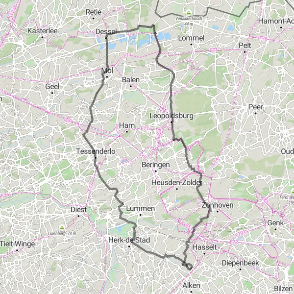 Miniature de la carte de l'inspiration cycliste "Parcours des Châteaux et Bâtiments Historiques" dans la Prov. Limburg (BE), Belgium. Générée par le planificateur d'itinéraire cycliste Tarmacs.app