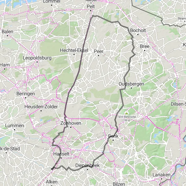 Map miniature of "Canal Views and Historic Charms" cycling inspiration in Prov. Limburg (BE), Belgium. Generated by Tarmacs.app cycling route planner