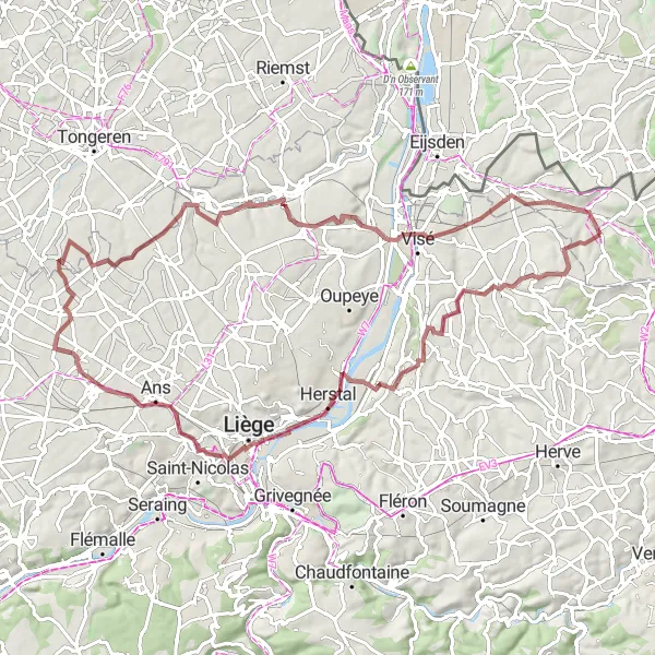 Miniatuurkaart van de fietsinspiratie "Grindwegen van Voeren naar Limburg" in Prov. Limburg (BE), Belgium. Gemaakt door de Tarmacs.app fietsrouteplanner