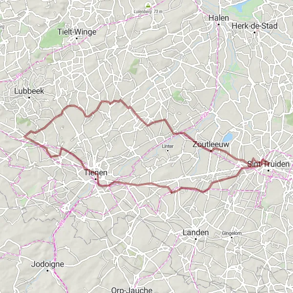 Miniature de la carte de l'inspiration cycliste "Tour des châteaux de Hesbaye" dans la Prov. Limburg (BE), Belgium. Générée par le planificateur d'itinéraire cycliste Tarmacs.app