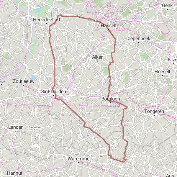 Karten-Miniaturansicht der Radinspiration "Gravel-Route zu historischen Stätten von Vechmaal und Sint-Truiden" in Prov. Limburg (BE), Belgium. Erstellt vom Tarmacs.app-Routenplaner für Radtouren