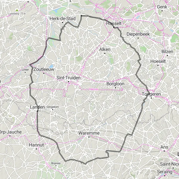 Miniature de la carte de l'inspiration cycliste "Le Tour des Châteaux et Paysages" dans la Prov. Limburg (BE), Belgium. Générée par le planificateur d'itinéraire cycliste Tarmacs.app