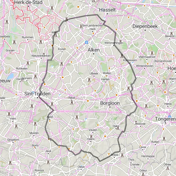 Miniature de la carte de l'inspiration cycliste "Château de Wimmertingen Loop" dans la Prov. Limburg (BE), Belgium. Générée par le planificateur d'itinéraire cycliste Tarmacs.app