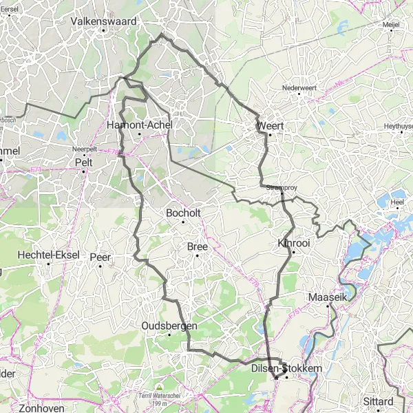 Map miniature of "Stokkem - Neeroeteren Loop" cycling inspiration in Prov. Limburg (BE), Belgium. Generated by Tarmacs.app cycling route planner