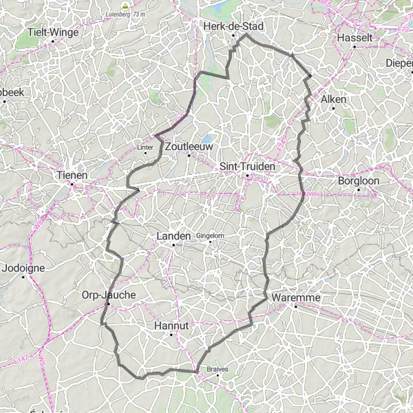 Miniatuurkaart van de fietsinspiratie "Wegroute langs pittoreske dorpen en groene landschappen" in Prov. Limburg (BE), Belgium. Gemaakt door de Tarmacs.app fietsrouteplanner