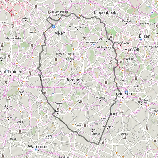 Map miniature of "Conquer the Hills of Limburg" cycling inspiration in Prov. Limburg (BE), Belgium. Generated by Tarmacs.app cycling route planner