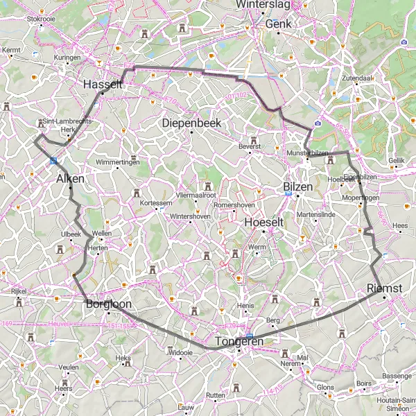 Map miniature of "Road Cycling Through Historical Landmarks" cycling inspiration in Prov. Limburg (BE), Belgium. Generated by Tarmacs.app cycling route planner