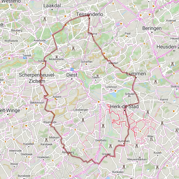 Miniature de la carte de l'inspiration cycliste "Boucle inédite à travers Mellaar et Scherpenheuvel" dans la Prov. Limburg (BE), Belgium. Générée par le planificateur d'itinéraire cycliste Tarmacs.app