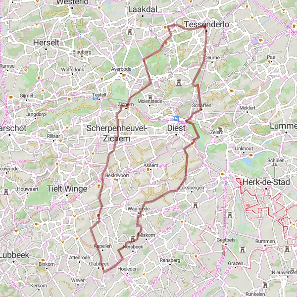 Map miniature of "Webbekom to Tessenderlo Gravel Route" cycling inspiration in Prov. Limburg (BE), Belgium. Generated by Tarmacs.app cycling route planner