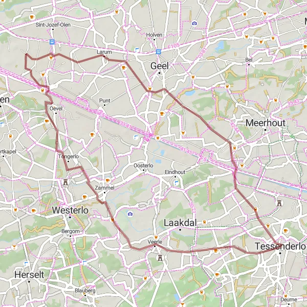 Miniatuurkaart van de fietsinspiratie "Korte gravelroute vanuit Tessenderlo" in Prov. Limburg (BE), Belgium. Gemaakt door de Tarmacs.app fietsrouteplanner
