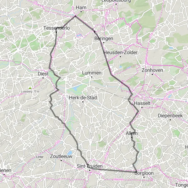 Miniature de la carte de l'inspiration cycliste "Randonnée cycliste à travers Tessenderlo et Berg" dans la Prov. Limburg (BE), Belgium. Générée par le planificateur d'itinéraire cycliste Tarmacs.app